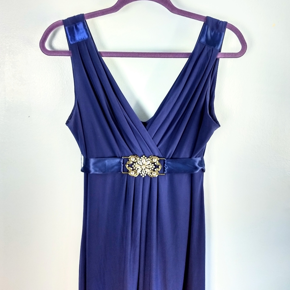 Scarlett Nite Dark Blue Fit-&-Flare Deep V-neck Dress w/ Embellished Ribbon Belt - Picture 2 of 8